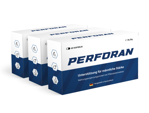 Drei Verpackungen von Perforan® – zur Förderung von Energie, Ausdauer, Wohlbefinden